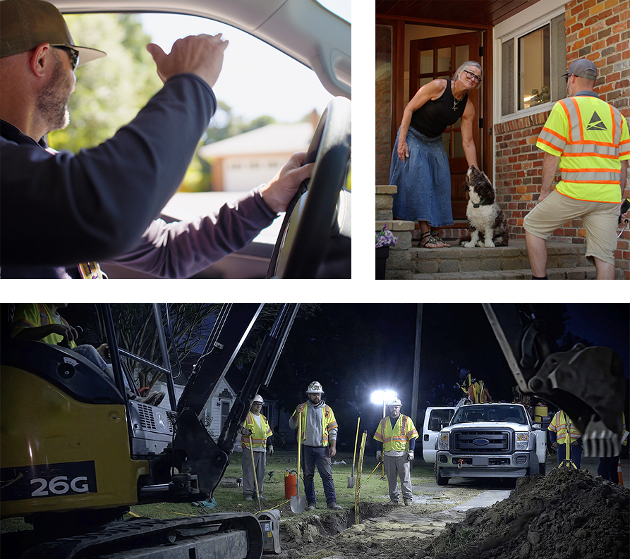 3 images of gas workers in local neighborhood